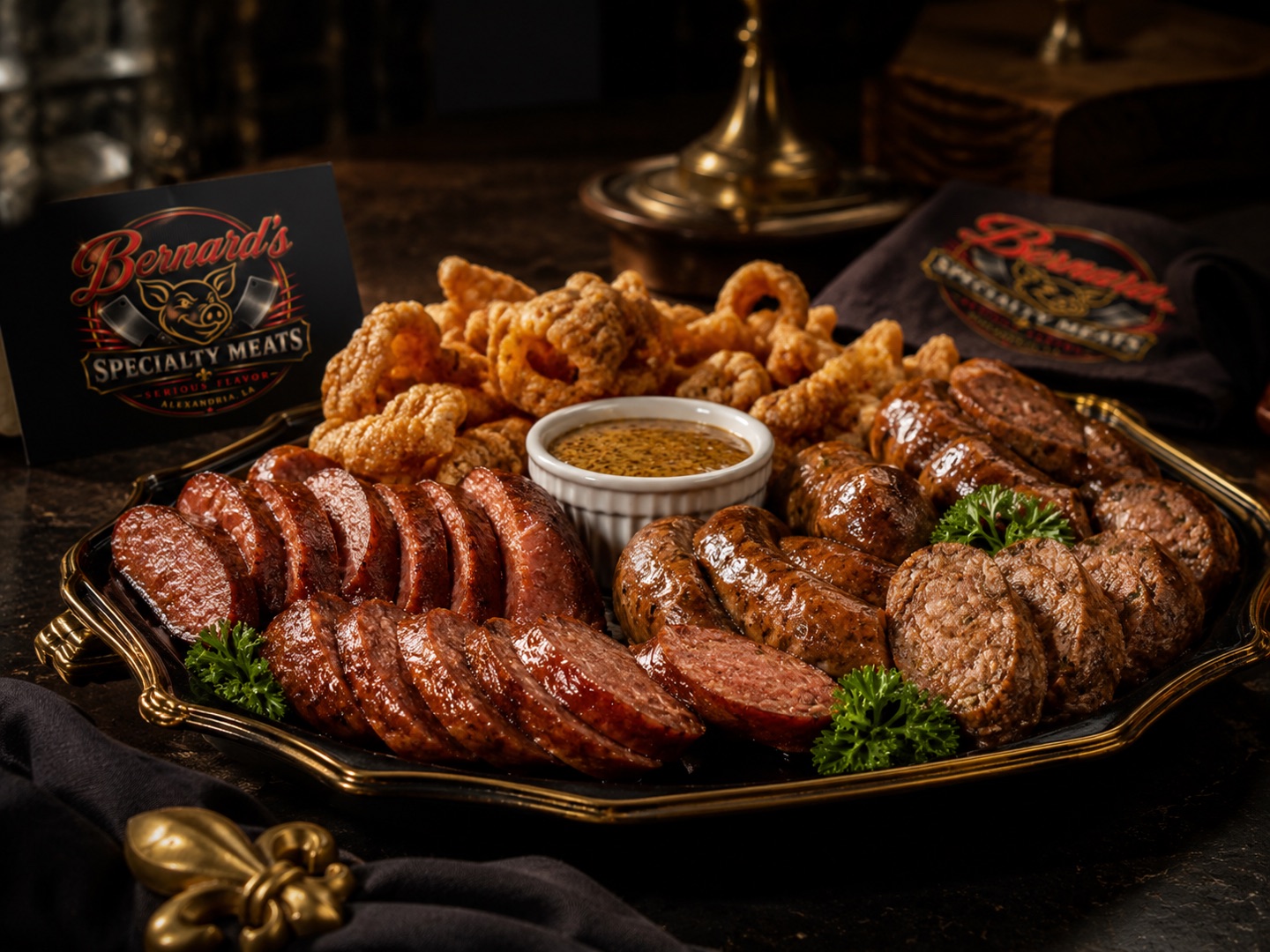 Sliced smoked sausage and cracklins with Creole mustard on a dark, gold-rimmed Bernard's tray