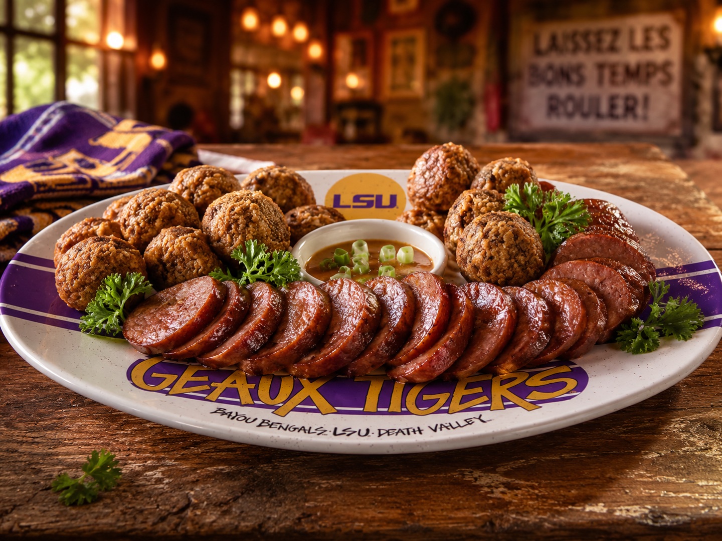 Golden fried boudin balls and sliced smoked sausage with Creole dipping sauce on a Geaux Tigers platter