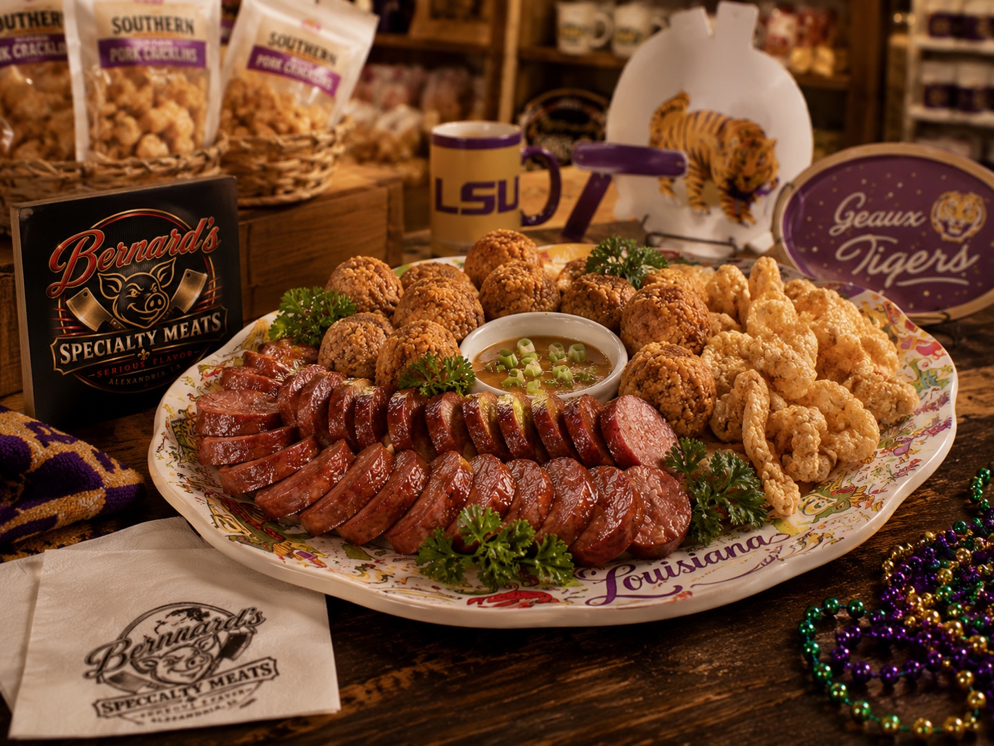 A Louisiana platter of smoked sausage, boudin balls, and cracklins surrounded by LSU and Mardi Gras gifts