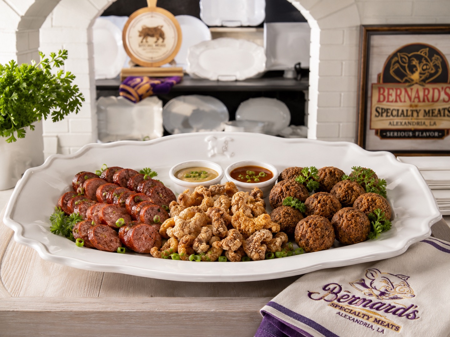 Fresh golden pork cracklins with smoked sausage and boudin balls on a white Bernard's platter