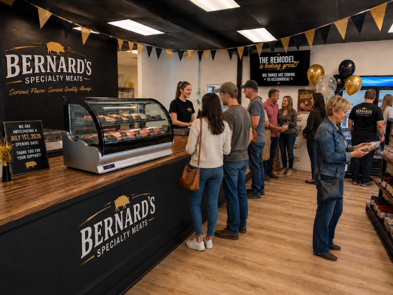 Customers lined up at the meat case at Bernard's Specialty Meats while staff serve fresh cuts