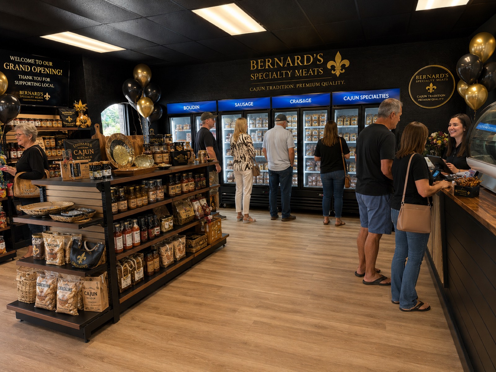 Shoppers browsing shelves of boudin, cracklins, seasonings, and Louisiana gifts at Bernard's